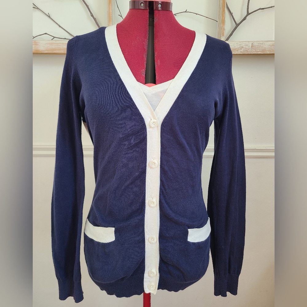 Navy and White Cardigan Sweater Twik - Medium